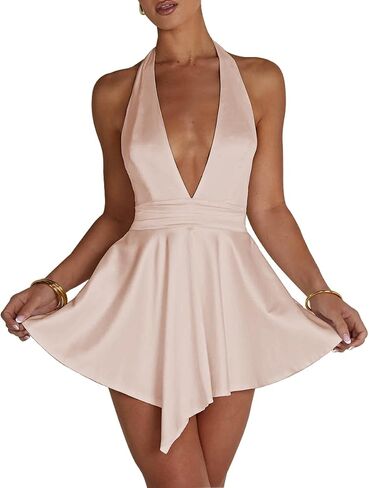 LuFeng Women's Sexy Sleeveless Halter Deep V Neck Backless Tie Back Waist Flowy Drape Satin Cocktail Mini Dress in Saudi Arabia