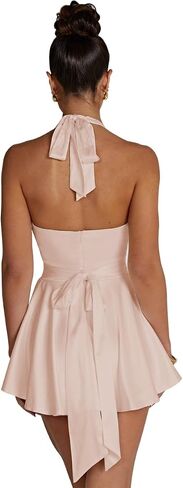 LuFeng Women's Sexy Sleeveless Halter Deep V Neck Backless Tie Back Waist Flowy Drape Satin Cocktail Mini Dress in Saudi Arabia