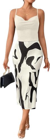 Floerns Women's Graphic Print Sleeveless Draped Collar Neck Cami Midi Dress in Saudi Arabia