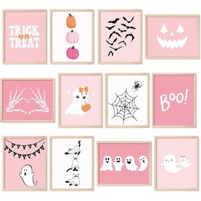 Whaline 12Pcs Halloween Wall Art Prints Cute Pink Ghost Pumpkin Boo Art Poster Trick or Treat Aesthetic Wall Decor for Gallery Living Room Bedroom (UNFRAMED 11 x 14 Inch)