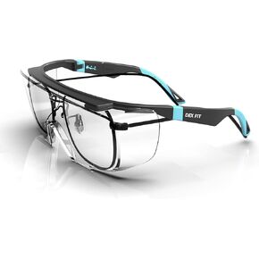 DEX FIT Safety Work Over Glasses SG210 OTG; Z87 Eye Protection for Men & Women, Fog & Scratch Resistant, Adjustable, UV Block (Black & Blue Frame, Clear Lens)