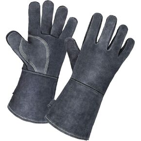 932℉ Grill BBQ Gloves 16-inch Heat Resistant Leather Forge Welding Glove with Flame Retardant Long Sleeve and Insulated Lining for Men and Women Black-gray