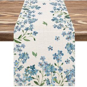 Blue Floral Table Runner 13 x 72 Inch Forget-Me-Not Myosotis Sylvatica Flower Table Cover Watercolor Blue Flowers Kitchen Dining Table Decoration for Home Party Restaurant Table Decor