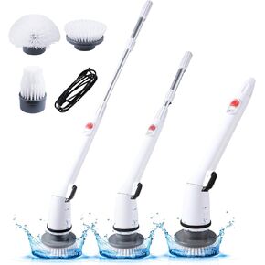 Cordless Electric Spin Scrubber Brush,REECOO Power Scrubber with 3 Replaceable Scrubber Heads, Adjustable Handle, 80 Minutes Working Time, Suitable for Bathroom Bathtub, Tile Gap Cleaning.