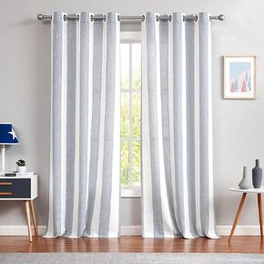 Central Park Beige White Stripe Farmhouse Curtains Semi-Sheer Rayon Blend Heavy Linen Texture Window Curtain Panel 6 Grommets Treatment for Living Room/Bedroom, Set of 2, 44" x 95" Each