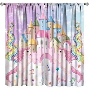 Unicorn Girls Curtains, Pink Princess Magic Castle Rainbow Hot Air Balloon Fantasy Fairy Tale Purple Fireworks Print Window Curtains for Kids Bedroom Living Room 42" W X 45" L
