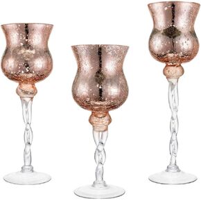 Diamond Star Pink Mercury Crackle Glass Long Stem Tealight Candle Holders Centerpieces for Wedding Table, Set of 3 (12",14",15.5" Tall) in Saudi Arabia