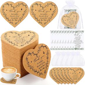 Uiifan 50 Sets Wedding Favors for Guests 50 Heart Cork Coasters Absorbent Cork Coaster Heart Gifts 50 Wedding Thank You Cards and Organza Bags Wedding Gifts Bridal Shower Favors for Souvenirs