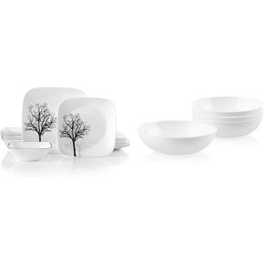 Corelle Vitrelle 18-Piece Service for 6 Dinnerware Set, Triple Layer Glass and Chip Resistant, Lightweight Square Plates and Bowls Set, Timber Shadows