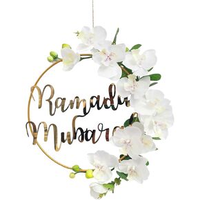 Ramadan Mubarak Wreaths, Artificial Pink Camellia Wreath Decorations for Front Door, Round Metal Hoop Floral Hanging Garland, for Wall Window Indoors Outdoor Farmhouse Decor