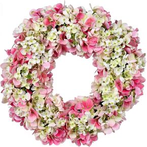 Vickerman 16" Artificial Pink Hydrangea Wreath. This hydrangea wreath features a blend of light and dark pink hues with a hint of green. 60% POLYESTER, 20% GRAPEVINE, 10% PLASTIC