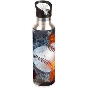 Insulated Stainless Steel Water Bottle with Straw 20oz Red Blue Usa Flag Sport Baseball Sports Water Bottles BPA Free Leakproof Metal Vacuum Flask Jug for Kids Gym Fitness