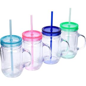Plastic Mason Jars with Handles, Lids and Straws | 20 oz Double Insulated Tumbler with Straw | 4 Pack Set of 4 | Wide Mouth Mason Jar Mugs | Cups for Kids and Adults…