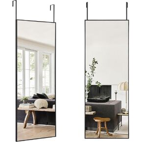 NeuType Over The Door Mirror Full Length Miror, 44"x16" Door Mirror Full Length Hanging Over Door with 2 Hangers or Leaning Against Wall, Mirror for Bedroom Dorm Living Room, Alluminum Black Frame