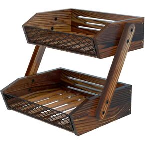 Fruit Basket for Kitchen, 2 Tier Fruit Bowl,Kitchen Counter Organizer,Wooden Fruit Holder for Kitchen Countertop,Bread Fruit Vegetable Storage Basket Stand