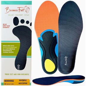 Workhorse! Thin Insoles Arch Support & Heel Stability Inserts Designed by Business Feet® for Minimal Crowding in Dress Shoes & Casual Shoes Foot Pain Relief - Size M/S (Mens 6.5-10.5, Womens 6-11.5)