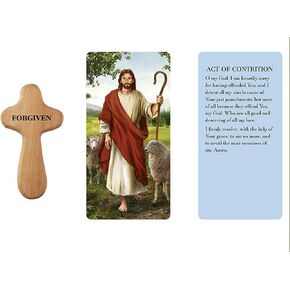 Needzo Wooden Hand Held Cross with Forgiveness Prayer Card, Comforting Palm Clutching Cross for Easy Travel, 4 Inch