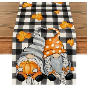 Artoid Mode Pumpkin Gnome Maple Leaf Buffalo Plaid Fall Table Runner,Autumn Kitchen Dining Table Decoration for Outdoor Home Party Decor 13x72 Inch