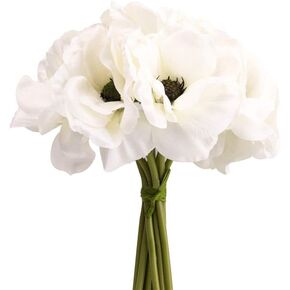 Silk White Anemone Bouquet Home Furnishing Decorative Flowers 3.9" bloomx9.4 Tall