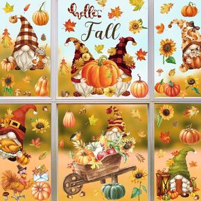 9Pcs Fall Gnomes Window Decals Clings Autumn Watercolor Thanksgiving Window Stickers Fall Leaves Sunflowers Pumpkin PVC Window Decorations for Fall Harvest Party Supplies Home Office Window