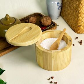 Bamboo Salt Cellar Container Box, Salt and Pepper Bowls Containers with Lid and Spoon for Storage Salt, Pepper, Spice, Sugar, Sea Salt, Table Salt (1-compartment-Natural), saltcellar-3style