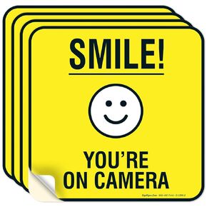 (4 Pack) Smile You're on Camera Sign Stickers, 5.5 x 5.5 Inches, 4 Mil Vinyl Self Adhesive Decal Stickers, Long Lasting, Weatherproof and UV Protected, Made in USA by Sigo Signs