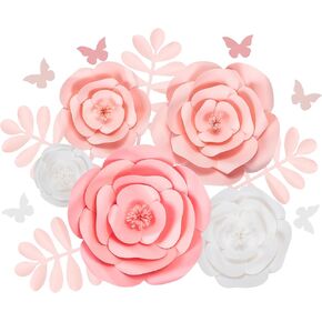 Rainbows & Lilies Large Paper Flowers Decorations for Wall, Wedding, Bridal Shower, Baby Shower, Nursery Decor, Girls Room Decor, Flower Backdrop, Party, 15pc 3D Wall Flowers Wall Decor (Pink, White)