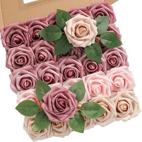Rose Artificial Flowers Dusty Pink Ombre Color Foam Fake Roses with Stems 25pcs for DIY Wedding Bouquets Bridal Shower Centerpieces Party Decorations