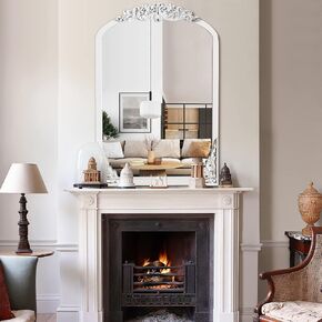 NeuType Arched Wall Mirror Vintage Carved Mirror Solid Wood Frame Wall-Mounted Mirror for Home Decor Bathroom Entryways Living Rooms Dressing Mirror, White, 36"x 24"