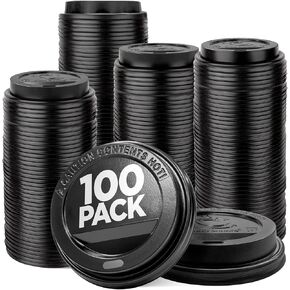 (100-Pack) Coffee Cup Lids - Disposable Coffee Lids for 10, 12, 16, 20, & 24 oz Paper Cups, 8 oz Squat Cups, Dome Cup Lids for To-Go Beverages, Expresso, Tea, Hot Chocolate - Black
