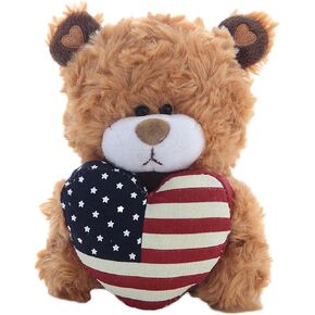 Plushland American Pillow Qbeba Bear, Plush Stuffed Animal Toy with Heart Printed American National Flag, Perfect Way to Celebrate Independence Day 4th July, for Kids (Brown)