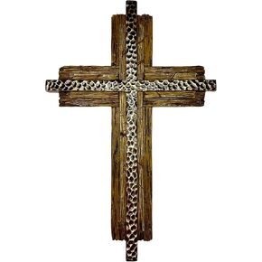 Top Brass Old Rugged Wall Mounted Cross – Three Layer Rustic Wood and Hammered Iron Look – Spiritual Jesus Art Decor
