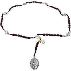 Our Lady of Sorrows Corded Chaplet with Wooden Beads and Silver-Tone Medals | Cherry Stain Finish | Great Catholic First Communion and Confirmation Gift | Made in Italy