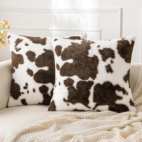 Woaboy Pack of 2 Luxury Faux Fur Throw Pillow Covers Cowhide Decorative Soft Fluffy Plush Couch Throws Brindle Cushion Covers for Couch Living Room Sofa Bedroom 18x18 Inch