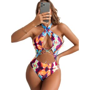 WDIRARA Women's Tie Dye Monokini Cut Out Criss Cross One Piece Halter Swimsuit