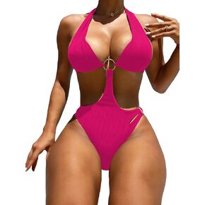 Milumia Women's Ring Linked Cut Out Halter Onepiece Swimsuit Summer High Cut Push Up Bathing Suit