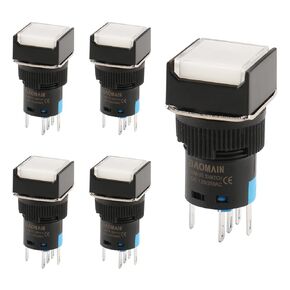 Baomain 5/8" 16mm Momentary Push Button Switch Square Cap LED Lamp White Light DC 12V SPDT 5 Pin Pack of 5