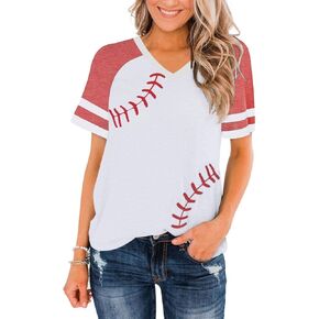 Womens V Neck Baseball Shirts Short Sleeve Patchwork Baseball Print Raglan Baseball Tees