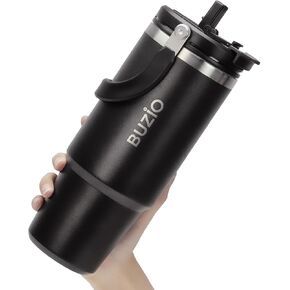 كوب BUZIO بسعة 40 أونصة بمقبض، كوب ماء معزول بغطاء وقش 2 في 1، كوب قهوة مطلي بمسحوق مزدوج الجدار من الفولاذ المقاوم للصدأ، يحافظ على البرودة لمدة 24 ساعة أو ساخنًا لمدة 12 ساعة