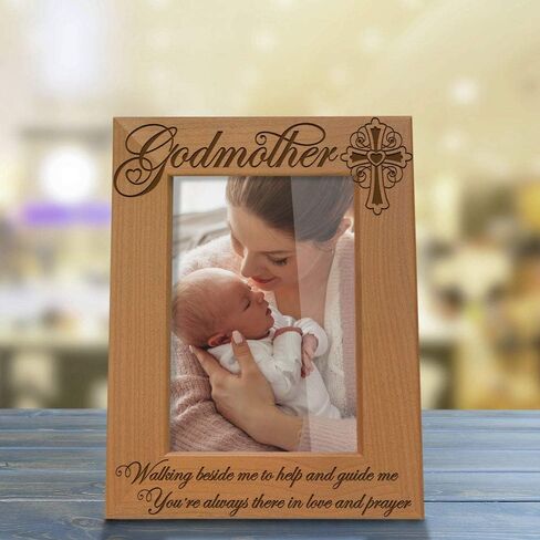 KATE POSH - Godmother Engraved Natural Wood Picture Frame, Cross Decor, Godmother gift from Godchild, Baptism Gifts, Religious Catholic Gifts, Thank You Gifts (4" x 6" Vertical) in Saudi Arabia