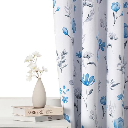 Blue Floral Curtains for Living Room 84 Inch Length, Blue Flower Curtains, Watercolor Curtains with Grommets, Blackout Curtains for Bedroom and Bathroom,Size 52x84 Inch,2 Panels,Blue & Gray in Saudi Arabia
