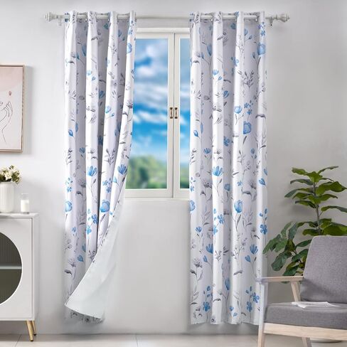 Blue Floral Curtains for Living Room 84 Inch Length, Blue Flower Curtains, Watercolor Curtains with Grommets, Blackout Curtains for Bedroom and Bathroom,Size 52x84 Inch,2 Panels,Blue & Gray in Saudi Arabia