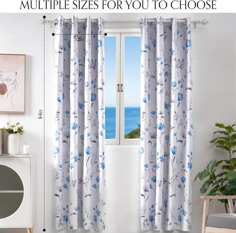 Blue Floral Curtains for Living Room 84 Inch Length, Blue Flower Curtains, Watercolor Curtains with Grommets, Blackout Curtains for Bedroom and Bathroom,Size 52x84 Inch,2 Panels,Blue & Gray in Saudi Arabia