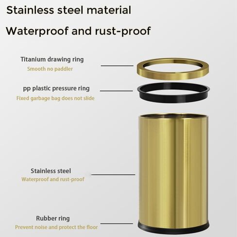 9L/2.4GAL metal bathroom trash can, open top garbage can,Stainless steel trash can without lid, small gold black wastebasket for bathroom, children's room,hotel, office (balck) in Kuwait