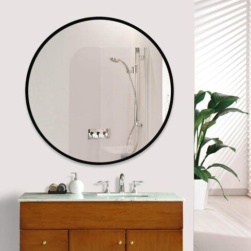 مرآة حائط Elevens - مرآة زخرفية مستديرة مثبتة على الحائط مقاس 32 بوصة - إطار معدني، مثالية للحمامات وغرف المعيشة - باللون الأسود in Kuwait