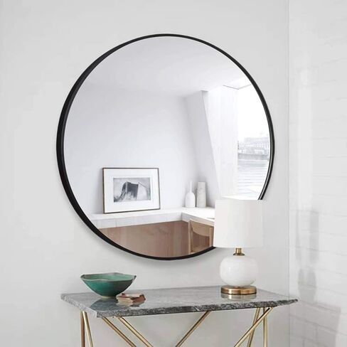 مرآة حائط Elevens - مرآة زخرفية مستديرة مثبتة على الحائط مقاس 32 بوصة - إطار معدني، مثالية للحمامات وغرف المعيشة - باللون الأسود in Kuwait