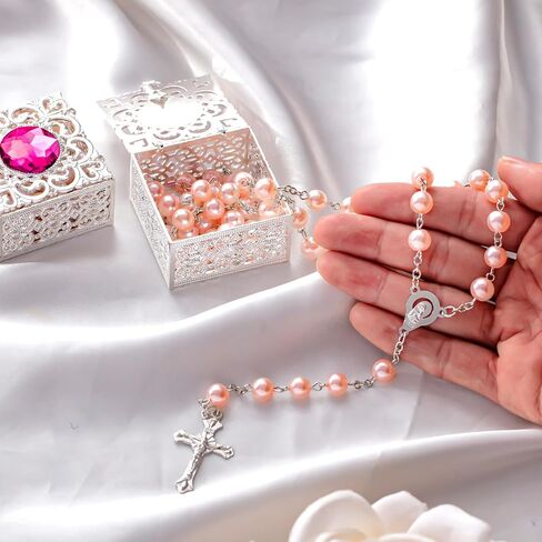 24 Set First Communion Rosary Bead Bulk Glass Catholic Rosary with Holy Box Gem Religious Glossy Gift Cross Rosary in Saudi Arabia