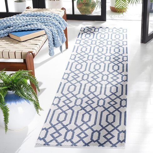 MARTHA STEWART x SAFAVIEH 2' x 8' Blue/Grey MSR421M Flatweave Cotton Entryway Foyer Living Room Bedroom Kitchen Runner Rug in Saudi Arabia