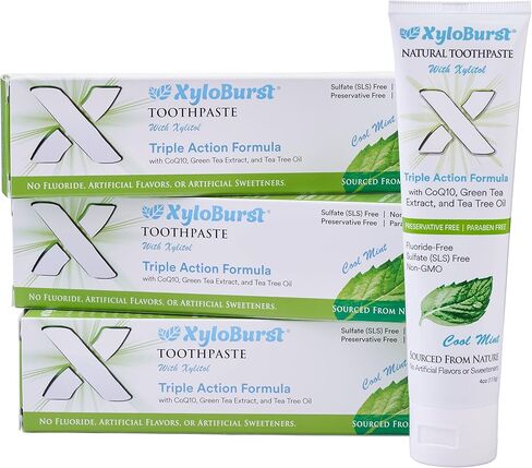 Xyloburst Natural Fluoride-Free Xylitol Premium Toothpaste with Xylitol and CoQ10 Cool Mint - SLS-Free, Paraben Free, Cruelty Free, 4 Ounce Tube Made in The USA (1 Tube) in Saudi Arabia