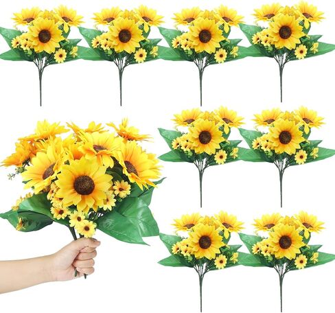 8 Packs Artificial Sunflowers with Stems Silk Fake Sunflowers Bouquet Plastic Silk Sunflowers Bulk Yellow Wedding Faux Flower Bunches for Wedding Party Decoration Vase Home (Vivid Style) in Saudi Arabia